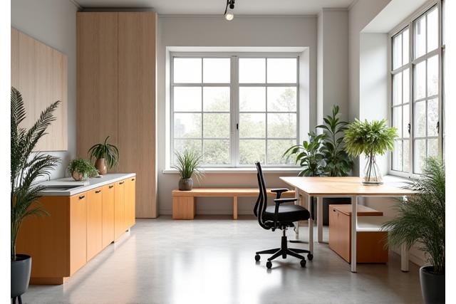 Modernus Auksinis Smėlis biuro interjeras su modulinių baldų pavyzdžiais