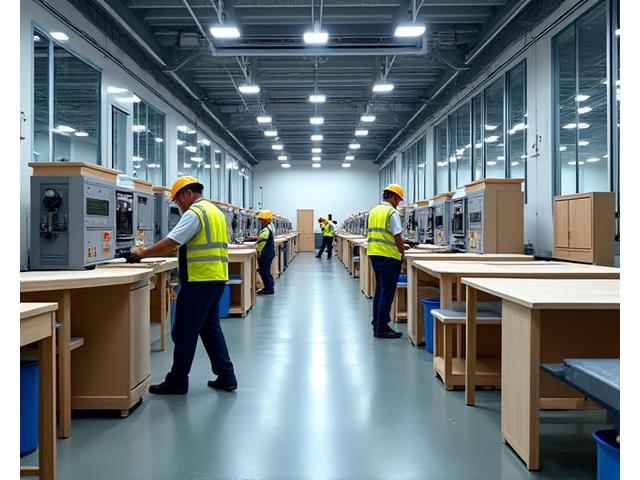 Šiuolaikinės baldų gamyklos interjeras su specialistais, dirbančiais prie medienos apdirbimo mašinų, su pabrėžiamais švariais ir efektyviais procesais