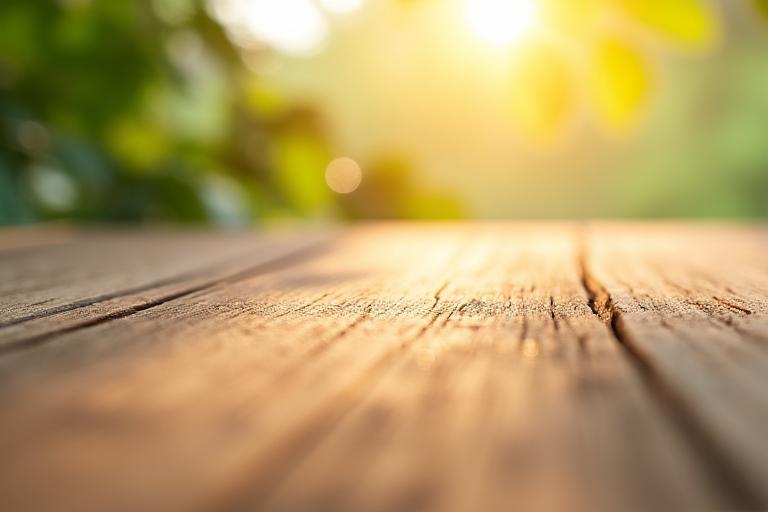Natūralios medienos tekstūros, apšviestos saulės šviesoje, simbolizuojančios ekologiją ir tvarumą